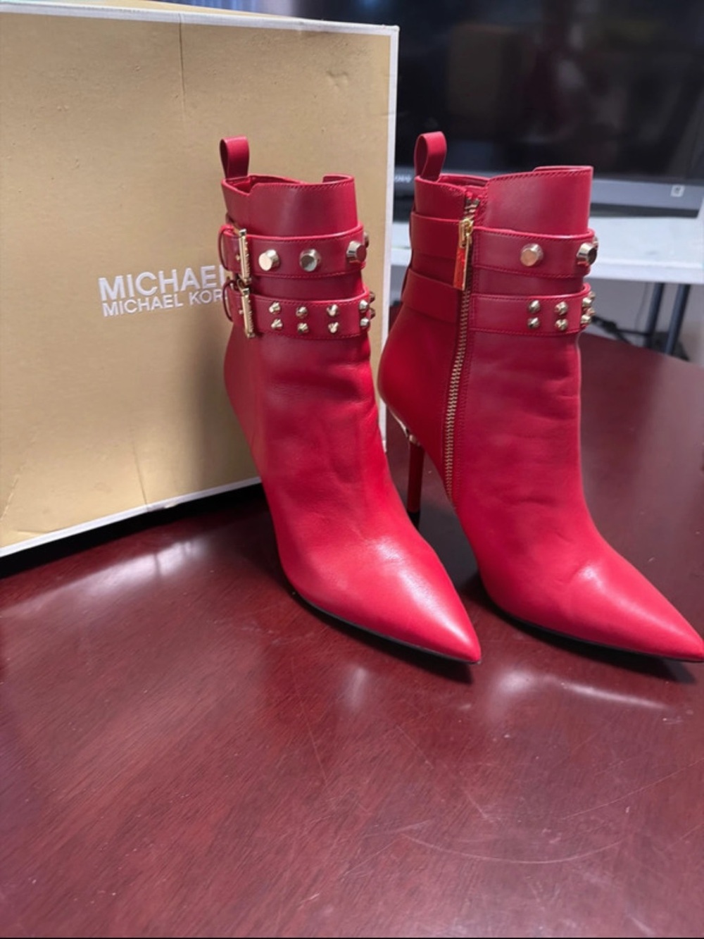 Michael Kors Red Leather Studded Pointed Ankle Boots